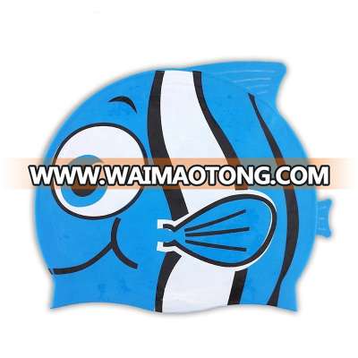 newest children fashion safety eco-friendly silicone cartoon fish swimming caps in summer